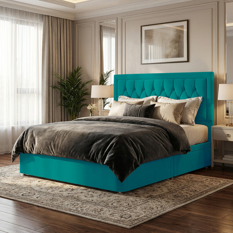 Diamond Cut Bumper Plush Velvet Divan Bed, 50" Headboard