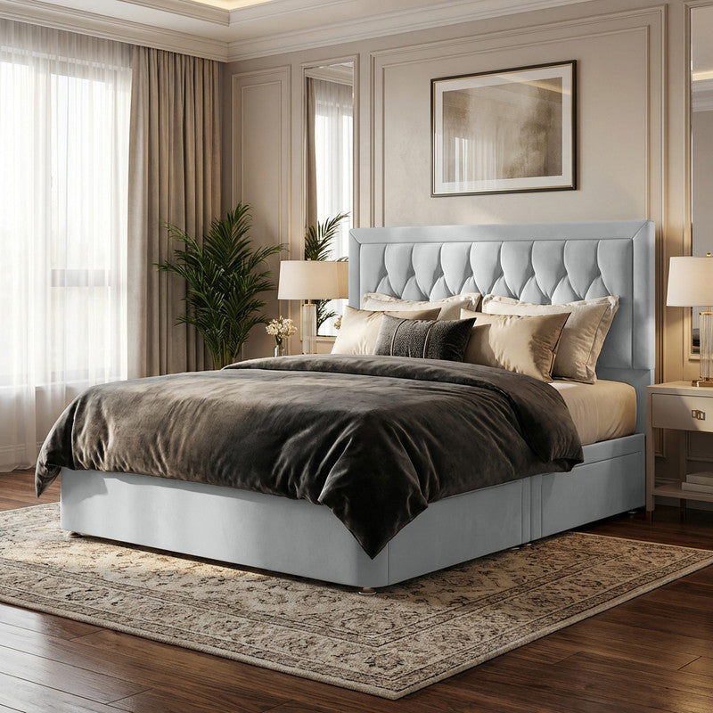 Diamond Cut Bumper Plush Velvet Divan Bed, 50" Headboard