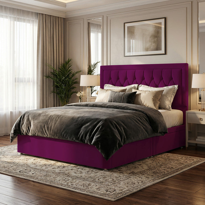 Diamond Cut Bumper Plush Velvet Divan Bed, 50" Headboard