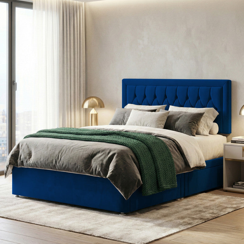 Diamond Cut Bumper Plush Velvet Divan Bed, Headboard