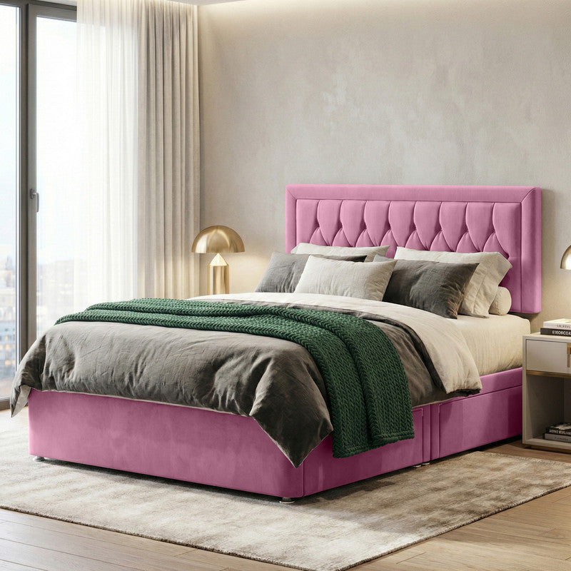 Diamond Cut Bumper Plush Velvet Divan Bed, Headboard