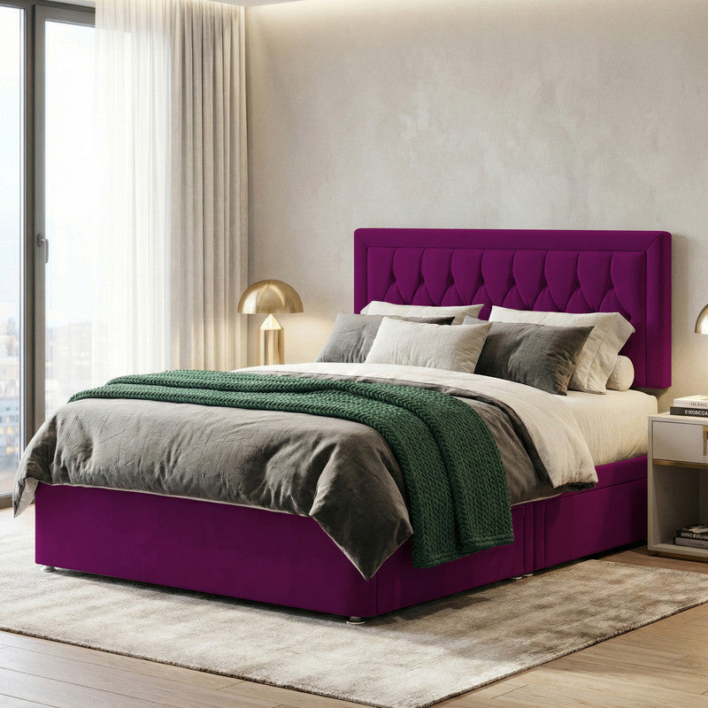 Diamond Cut Bumper Plush Velvet Divan Bed, Headboard