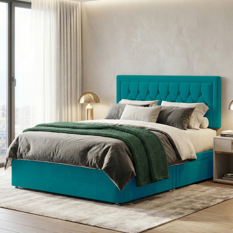 Diamond Cut Bumper Plush Velvet Divan Bed, Headboard