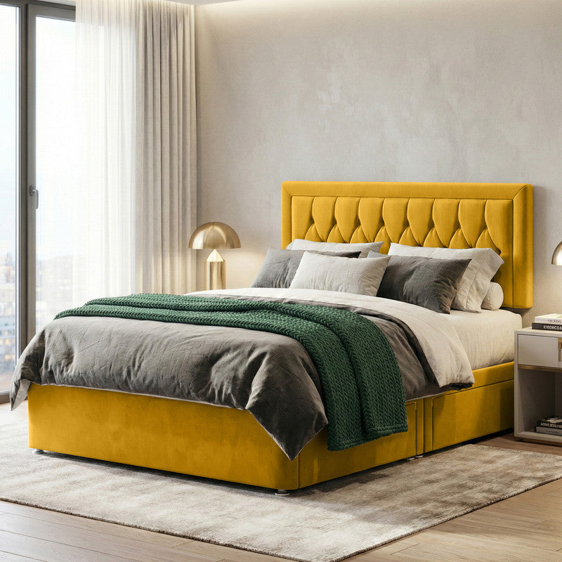 Diamond Cut Bumper Plush Velvet Divan Bed, Headboard