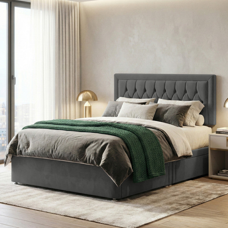 Diamond Cut Bumper Plush Velvet Divan Bed, Headboard