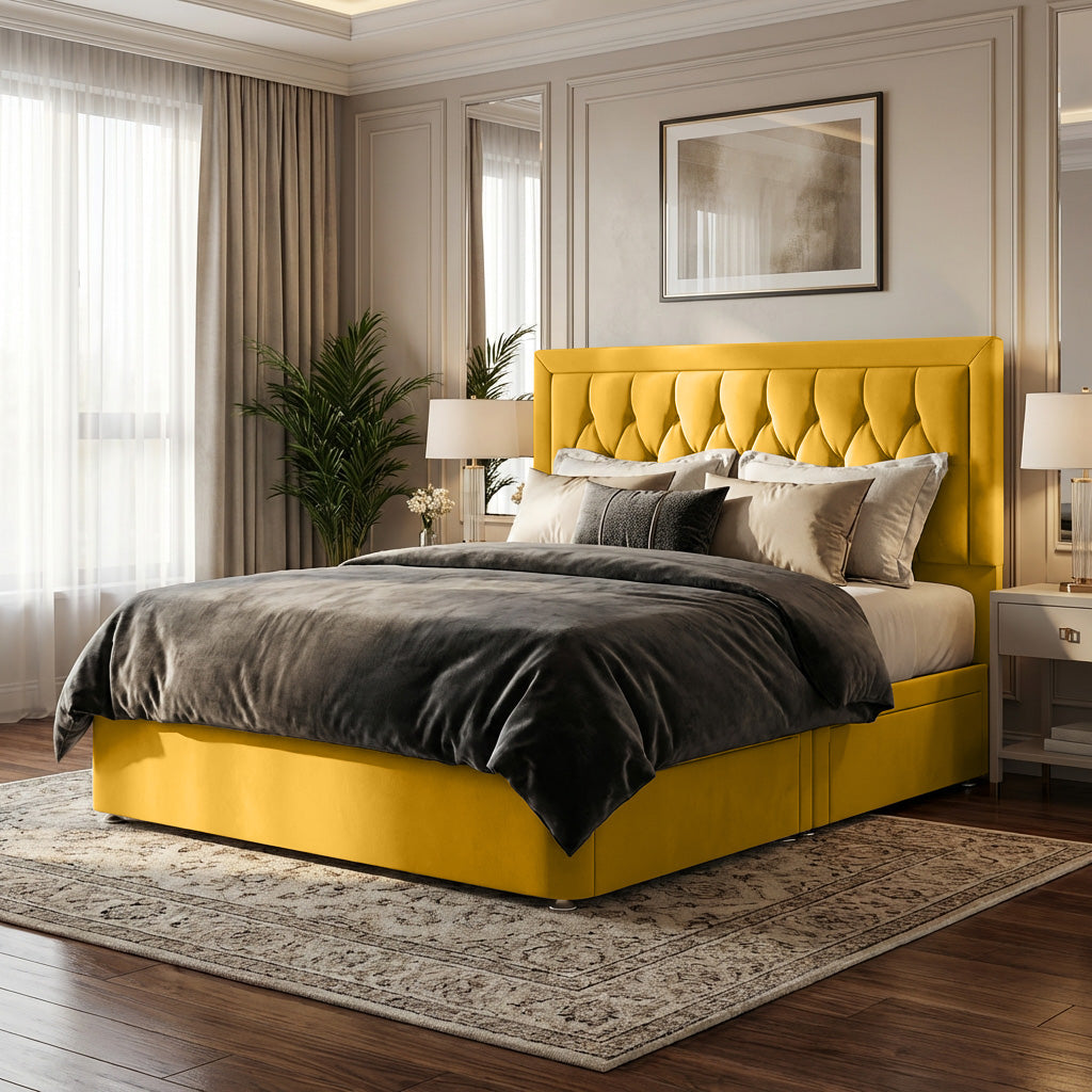 Diamond Cut Bumper Plush Velvet Divan Bed, 50" Headboard