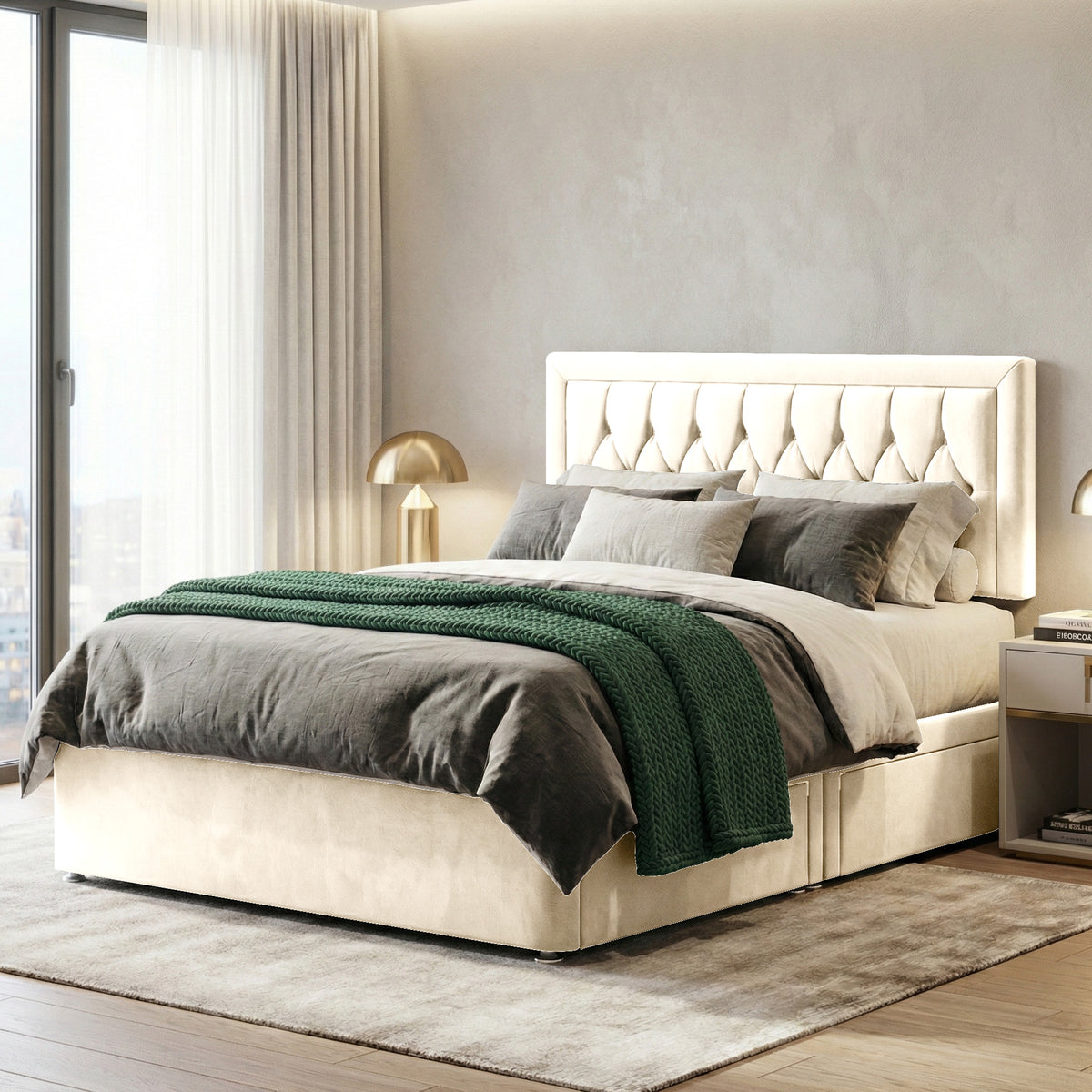 Diamond Cut Bumper Plush Velvet Divan Bed, Headboard