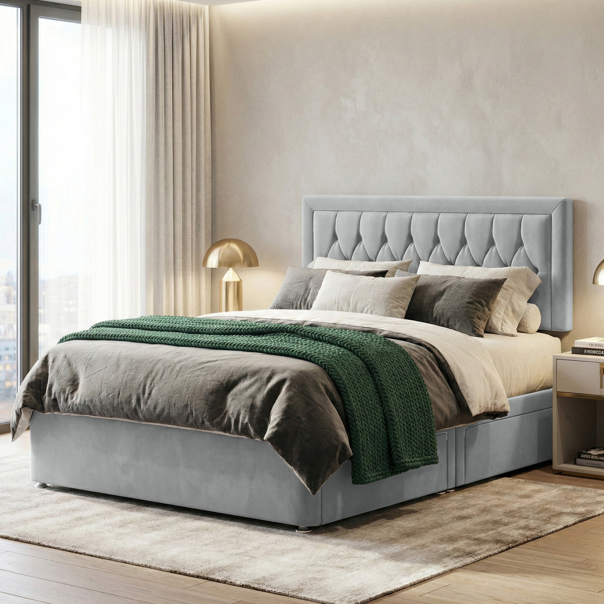Diamond Cut Bumper Plush Velvet Divan Bed, Headboard