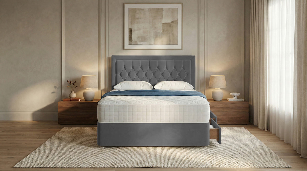 Diamond Cut Bumper Plush Velvet Divan Bed, Headboard