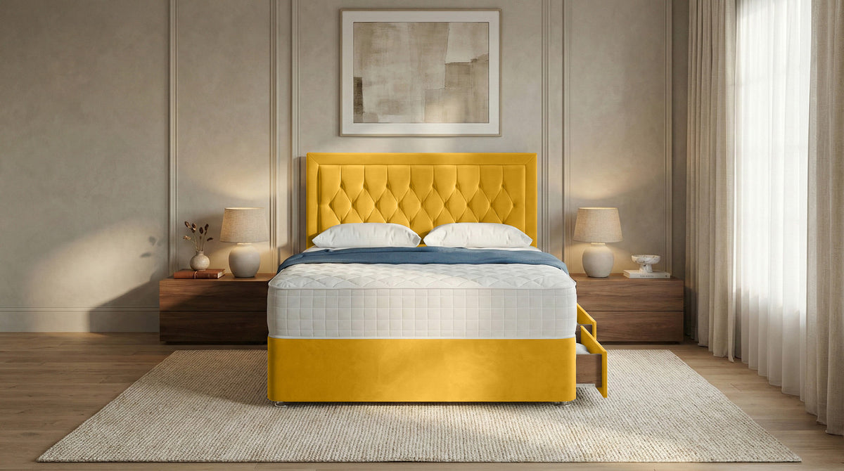 Diamond Cut Bumper Plush Velvet Divan Bed, Headboard