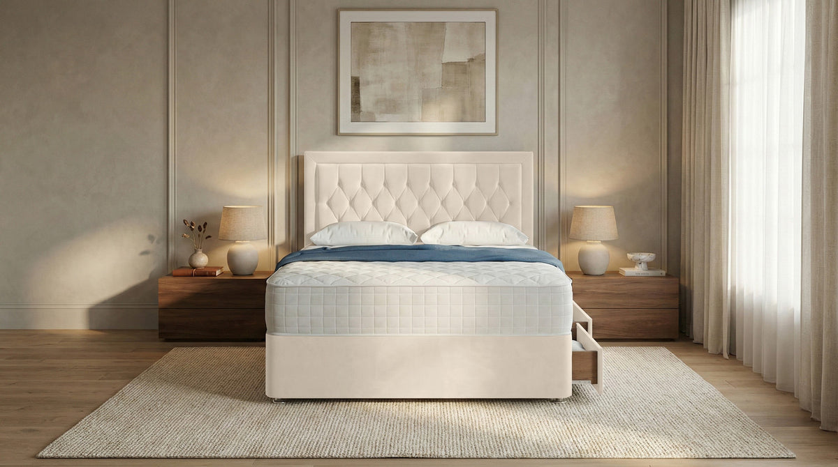 Diamond Cut Bumper Plush Velvet Divan Bed, Headboard