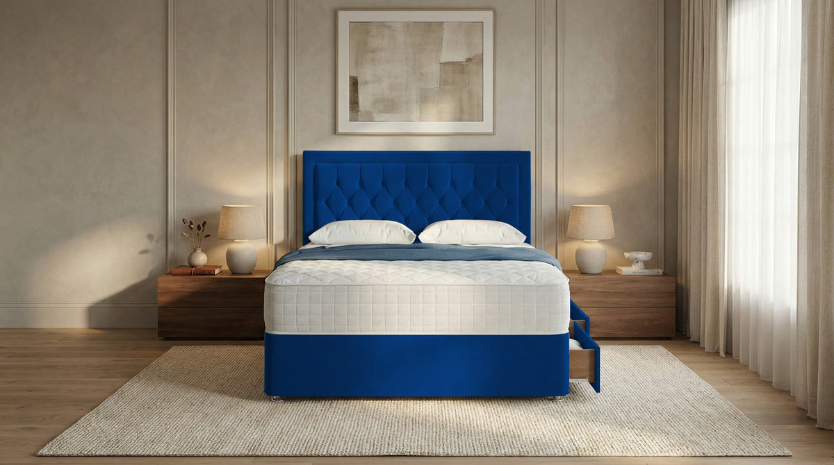 Diamond Cut Bumper Plush Velvet Divan Bed, Headboard