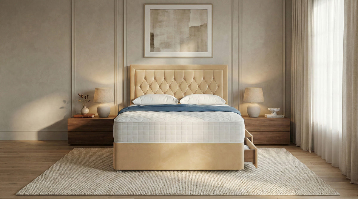 Diamond Cut Bumper Plush Velvet Divan Bed, Headboard