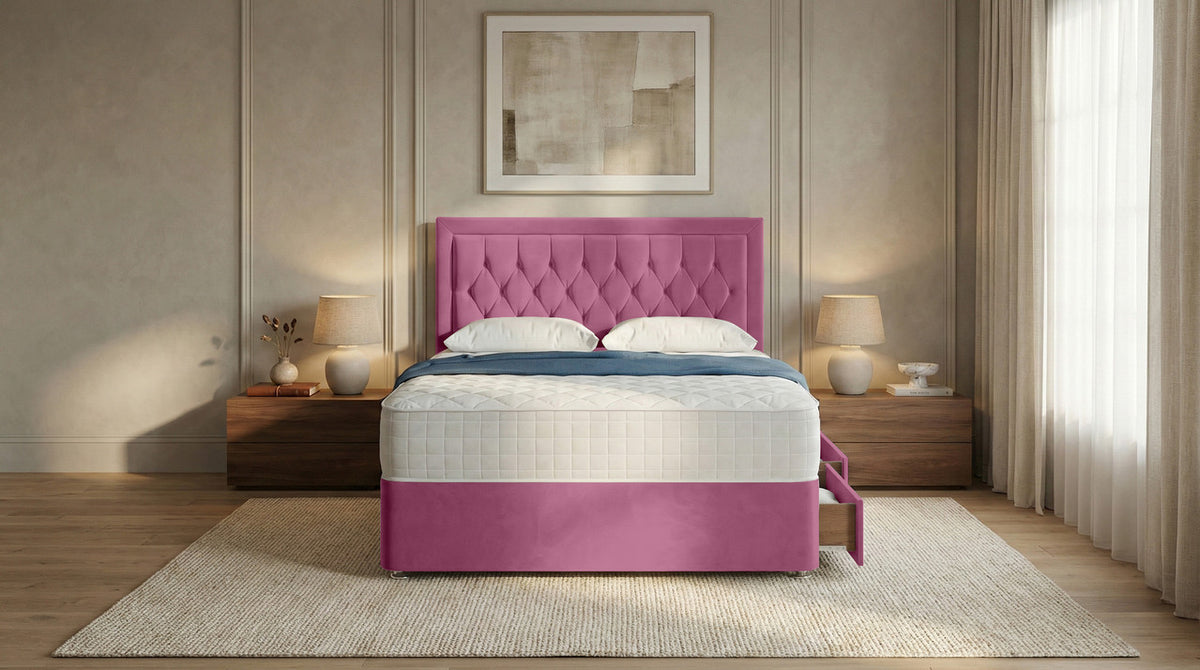 Diamond Cut Bumper Plush Velvet Divan Bed, Headboard