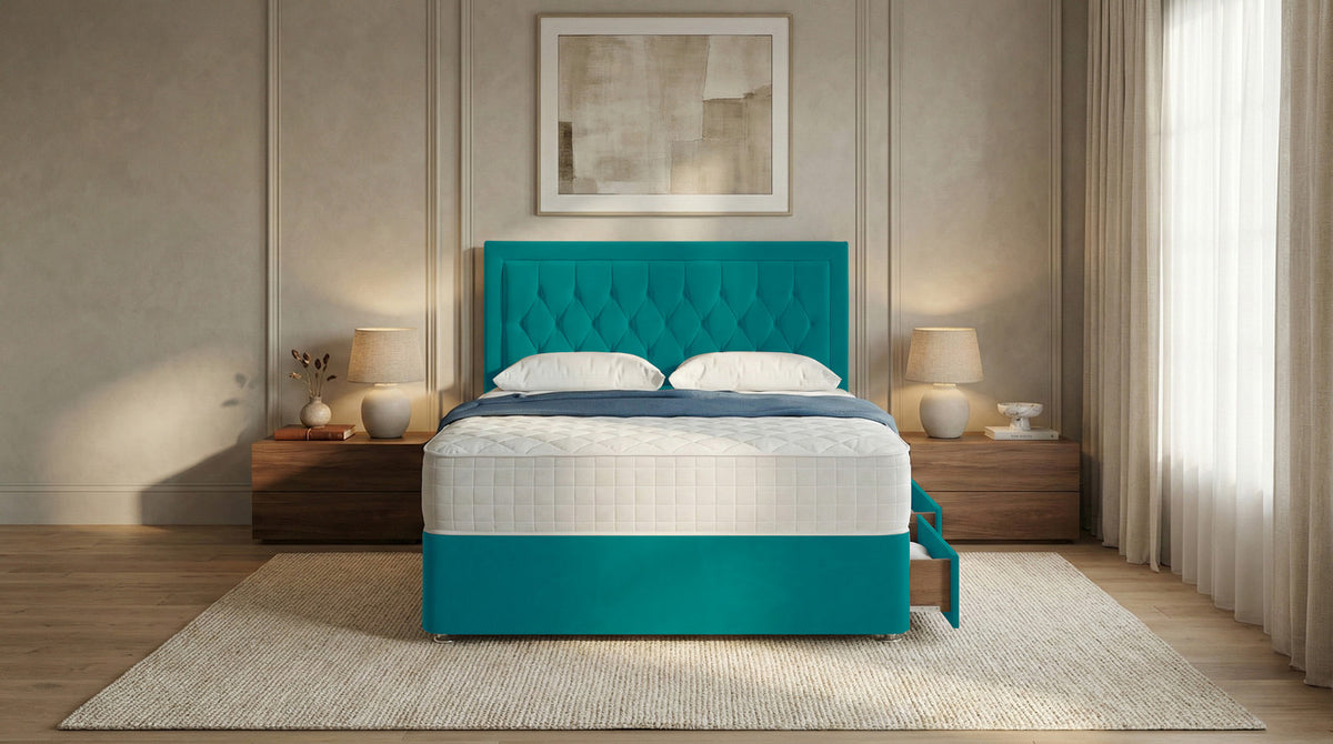Diamond Cut Bumper Plush Velvet Divan Bed, Headboard