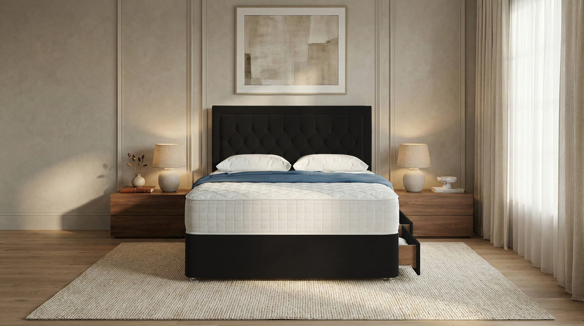 Diamond Cut Bumper Plush Velvet Divan Bed, Headboard