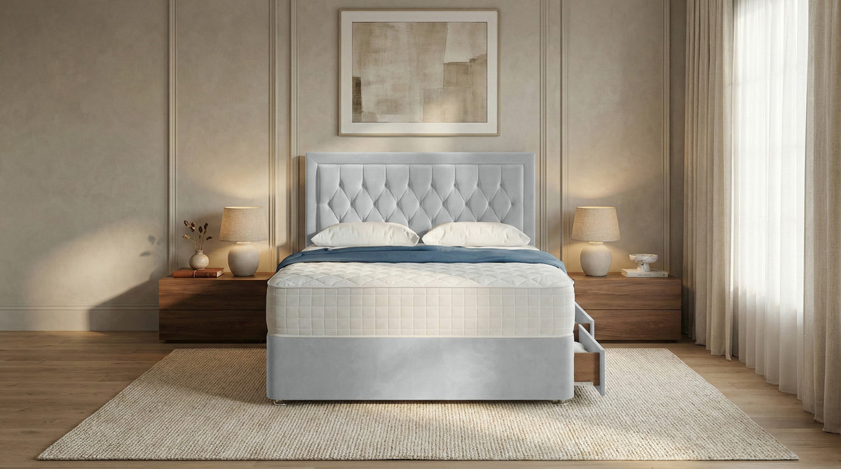 Diamond Cut Bumper Plush Velvet Divan Bed, Headboard