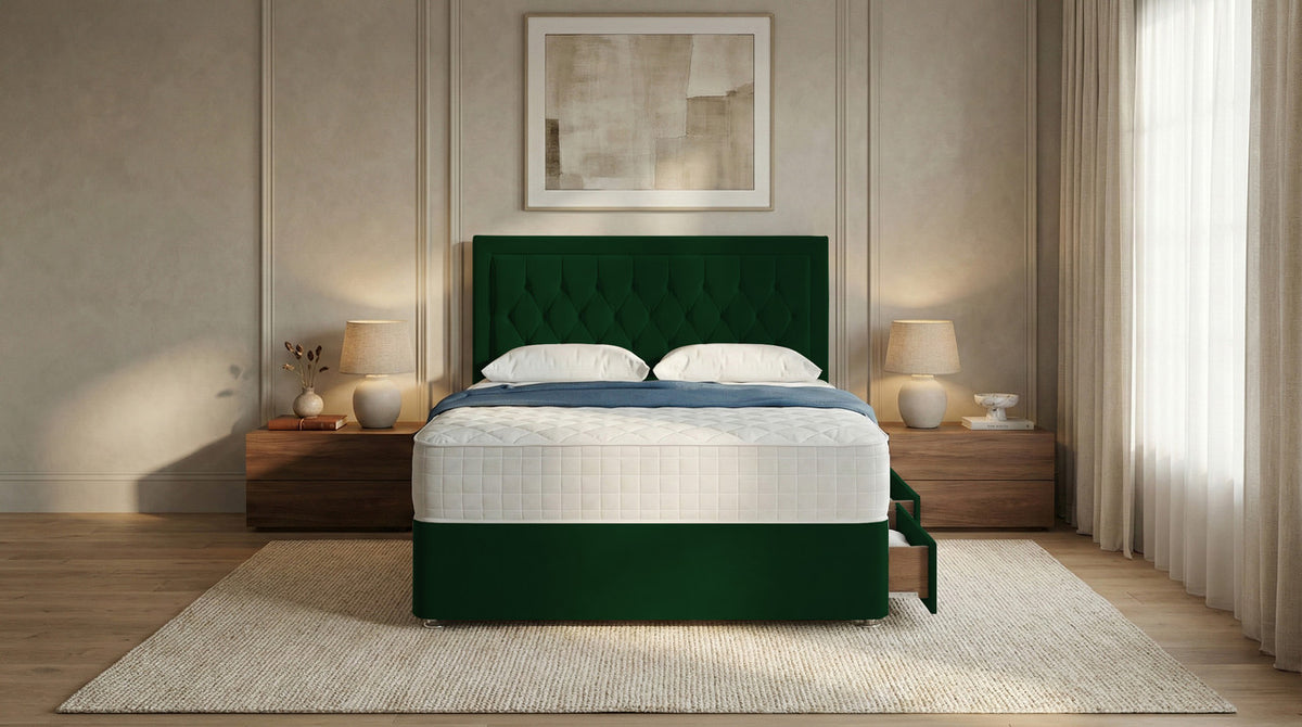 Diamond Cut Bumper Plush Velvet Divan Bed, Headboard