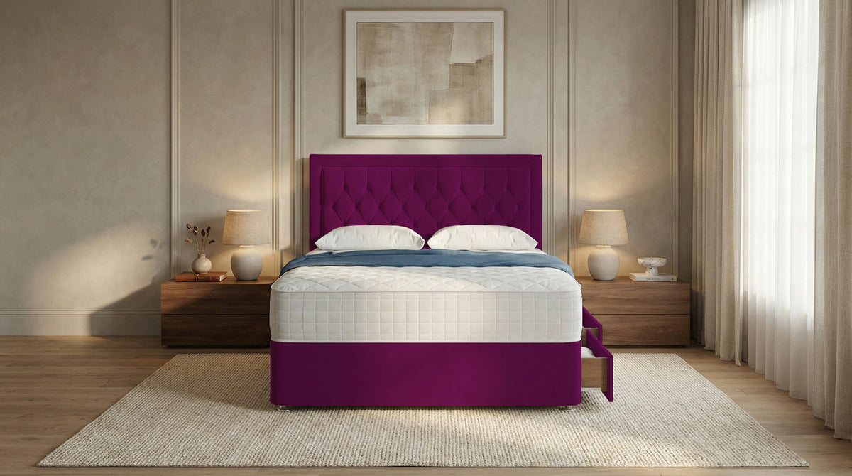 Diamond Cut Bumper Plush Velvet Divan Bed, Headboard