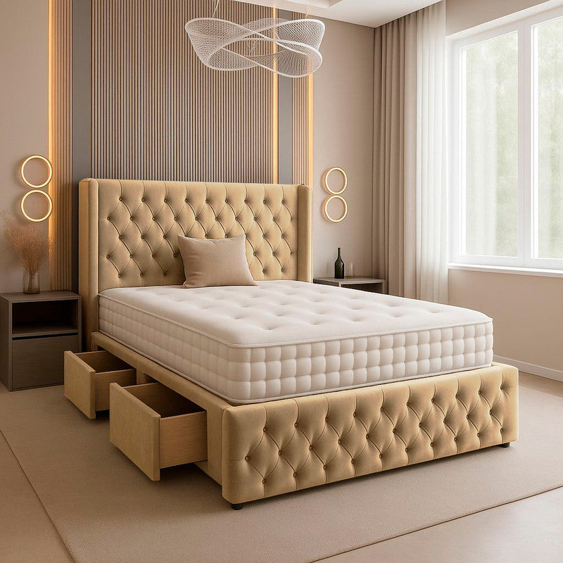 Chesterfield Plush Velvet Divan Bed, Winged Headboard