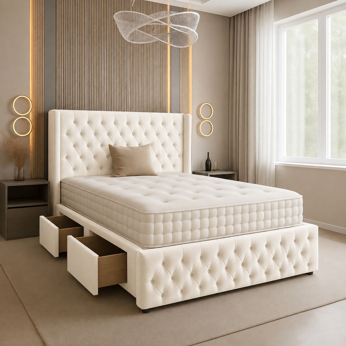 Chesterfield Plush Velvet Divan Bed, Winged Headboard