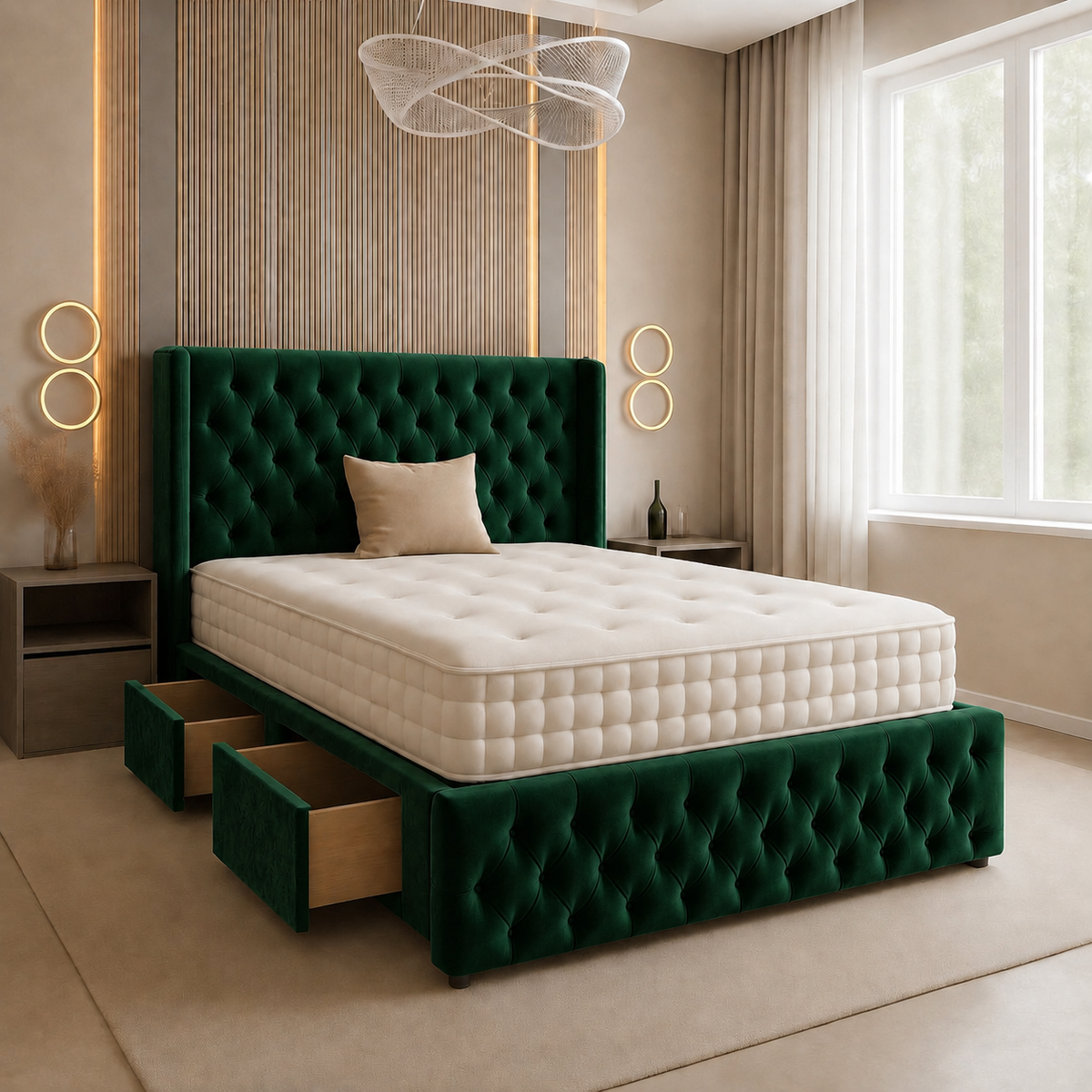 Chesterfield Plush Velvet Divan Bed, Winged Headboard