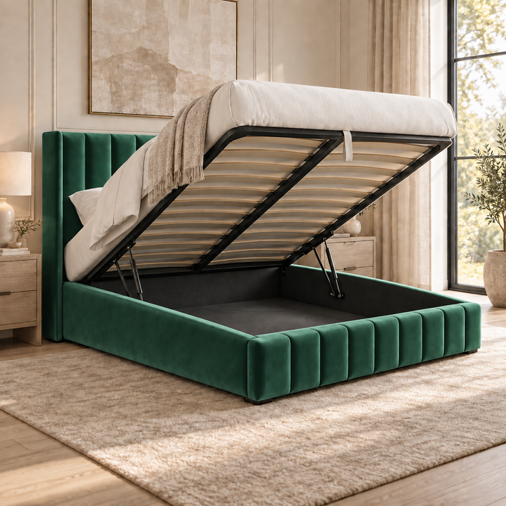 Kensington plush velvet ottoman sleigh bed in emerald green - alternate view