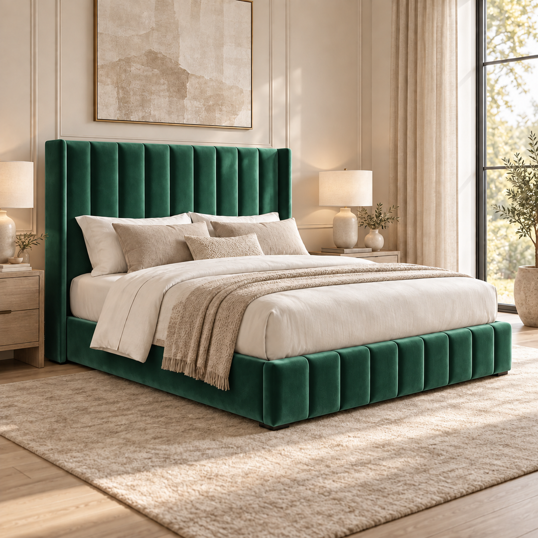 Kensington plush velvet ottoman sleigh bed in emerald green