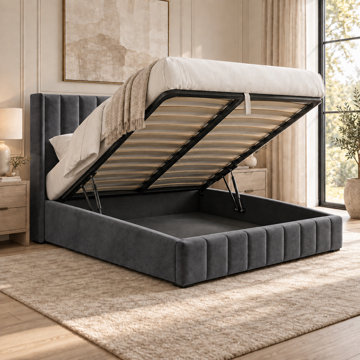 Kensington plush velvet ottoman sleigh bed in grey - alternate view