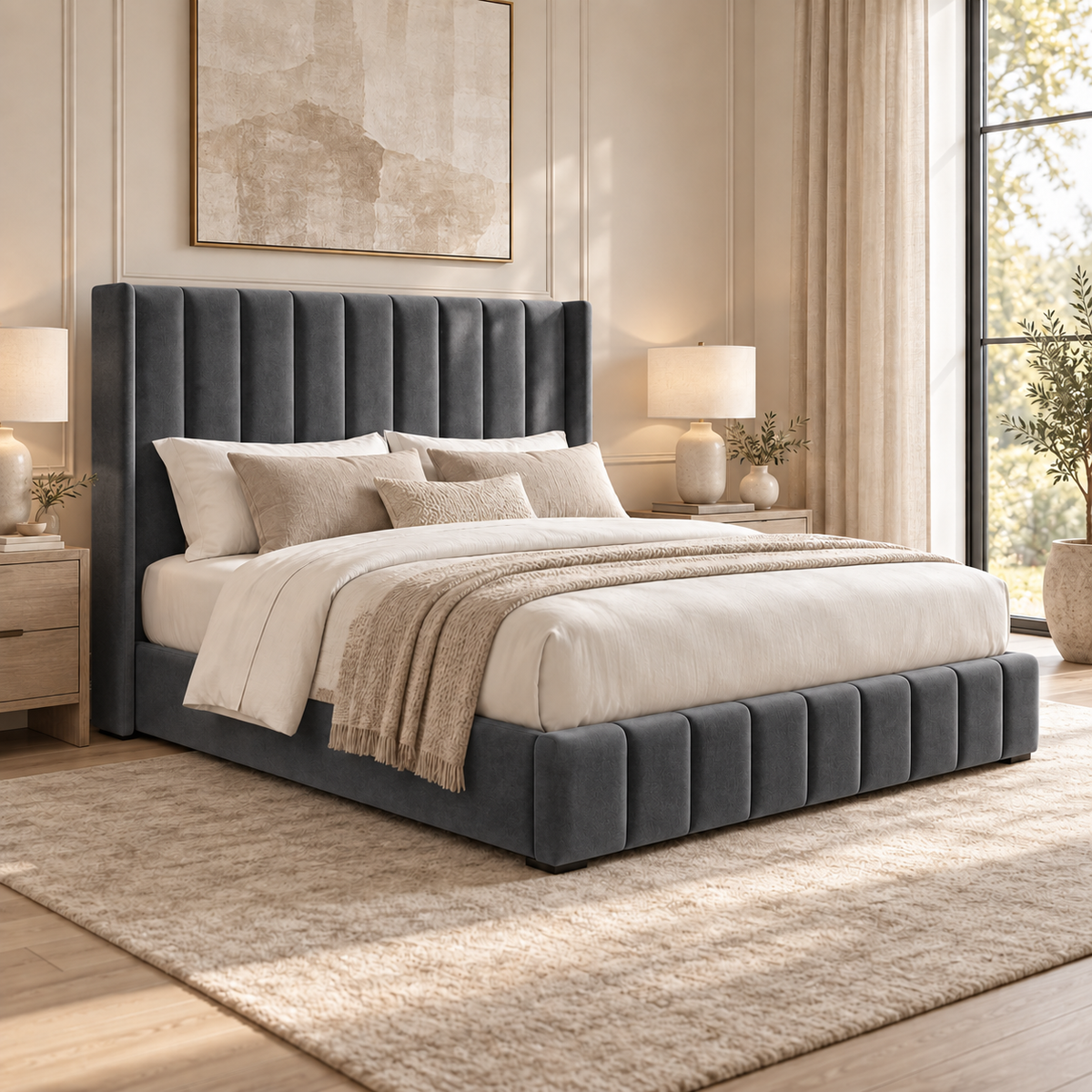 Kensington plush velvet ottoman sleigh bed in grey