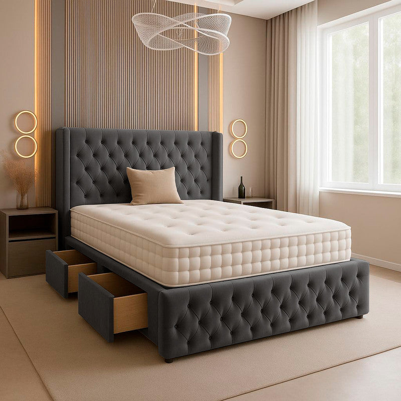 Chesterfield Plush Velvet Divan Bed, Winged Headboard