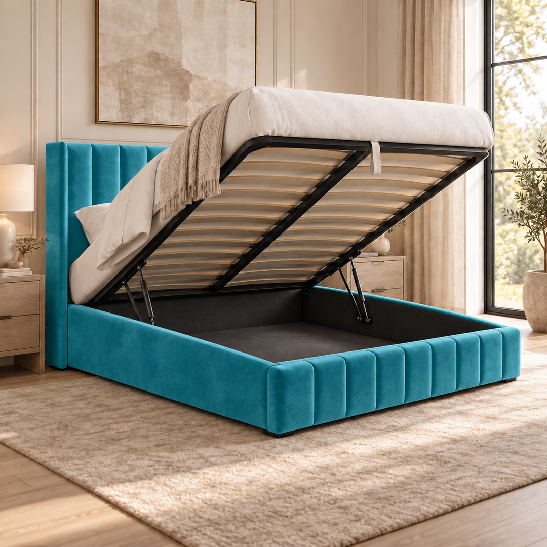 Kensington plush velvet ottoman sleigh bed in turquoise - alternate view
