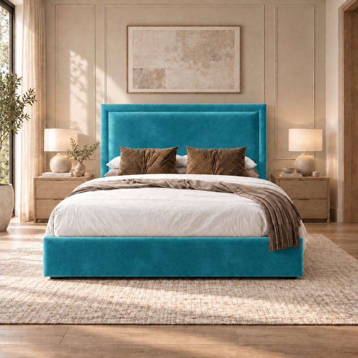 Sloane plush velvet ottoman sleigh bed in turquoise