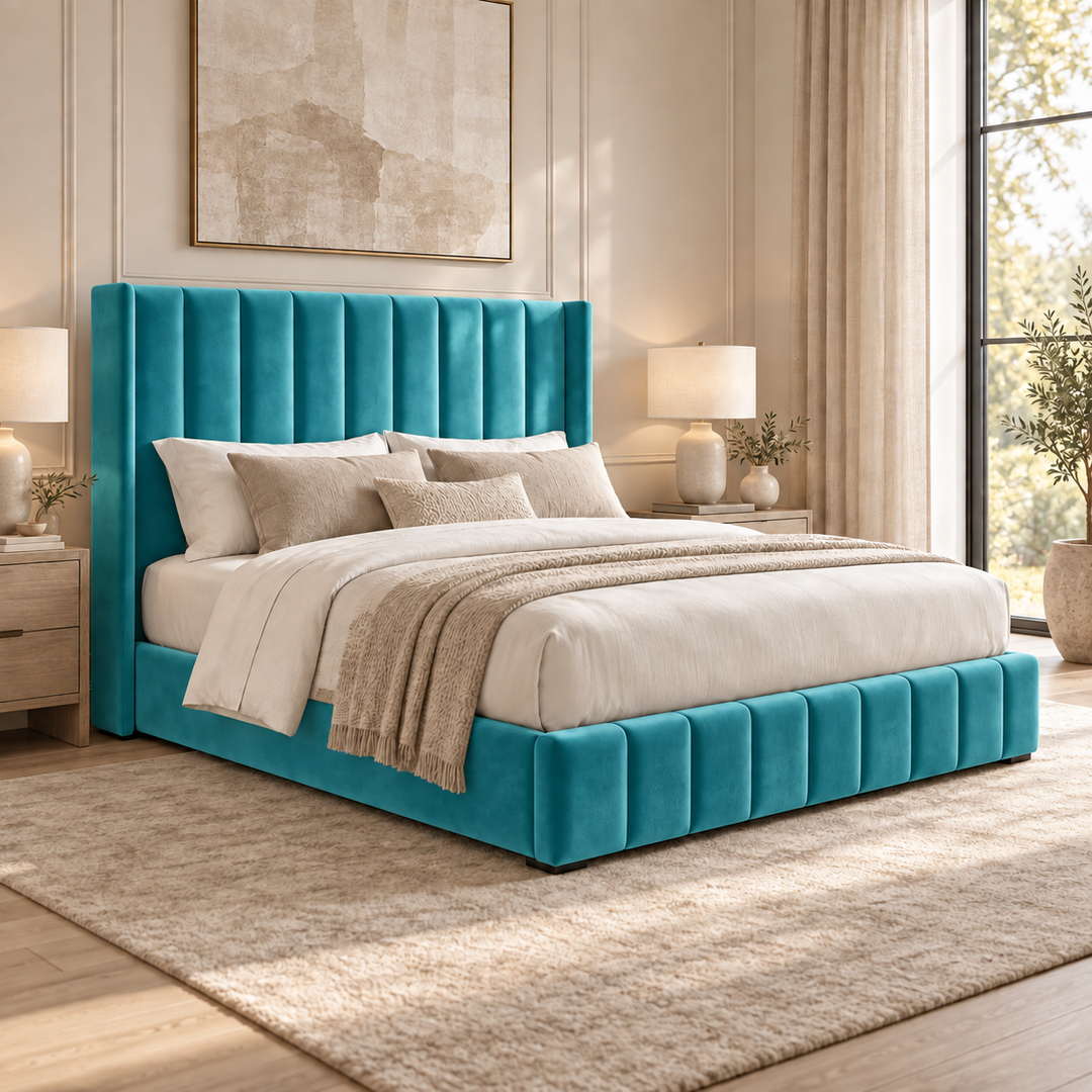 Kensington plush velvet ottoman sleigh bed in turquoise