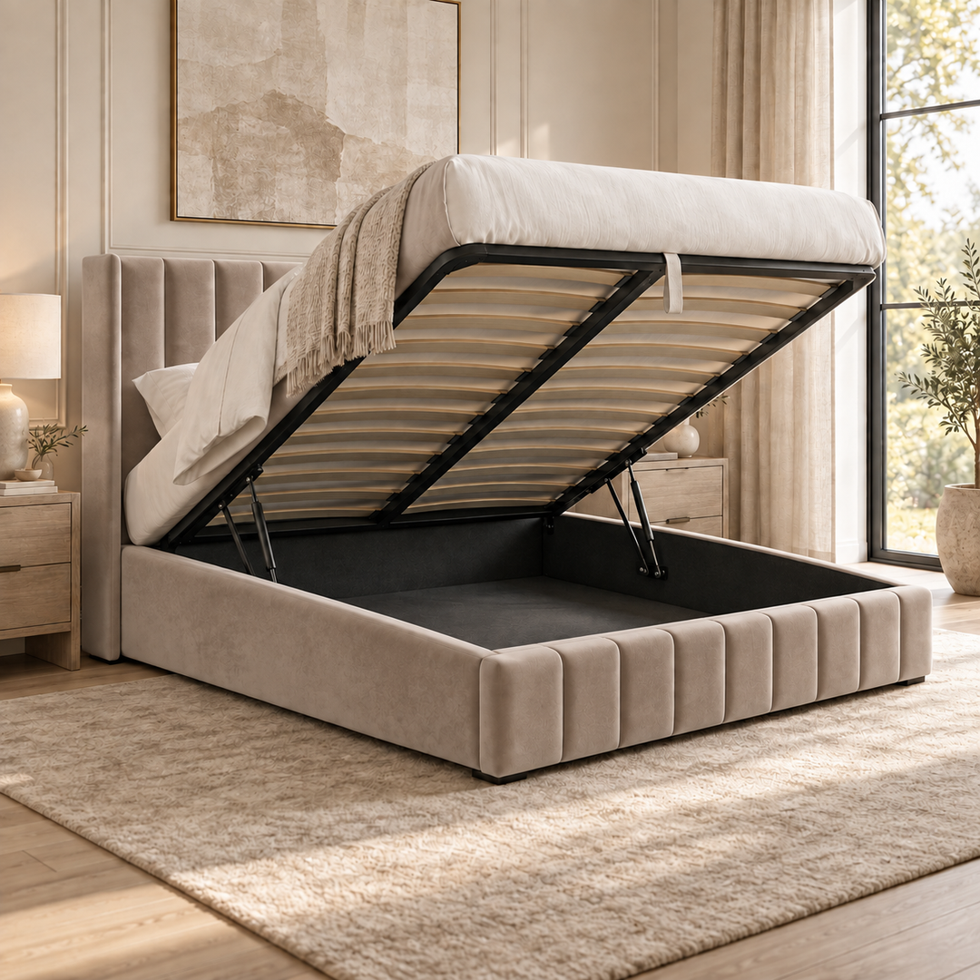 Kensington plush velvet ottoman sleigh bed in mink - alternate view