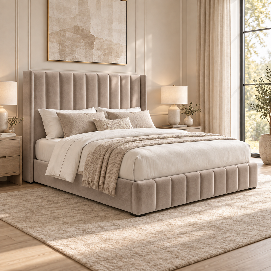 Kensington plush velvet ottoman sleigh bed in mink