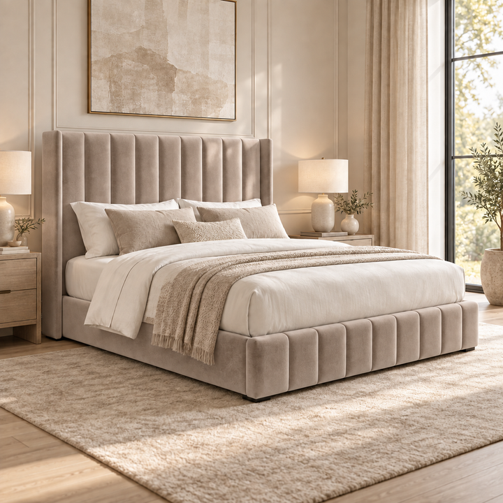 Kensington plush velvet ottoman sleigh bed in mink