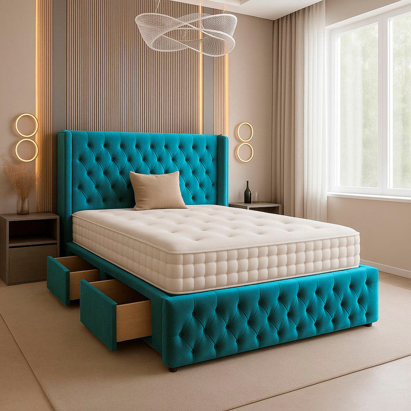 Chesterfield Plush Velvet Divan Bed, Winged Headboard