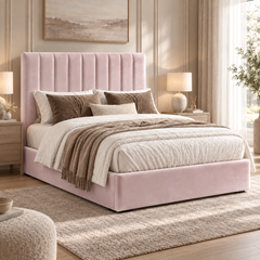 Marylebone plush velvet ottoman sleigh bed in blush pink