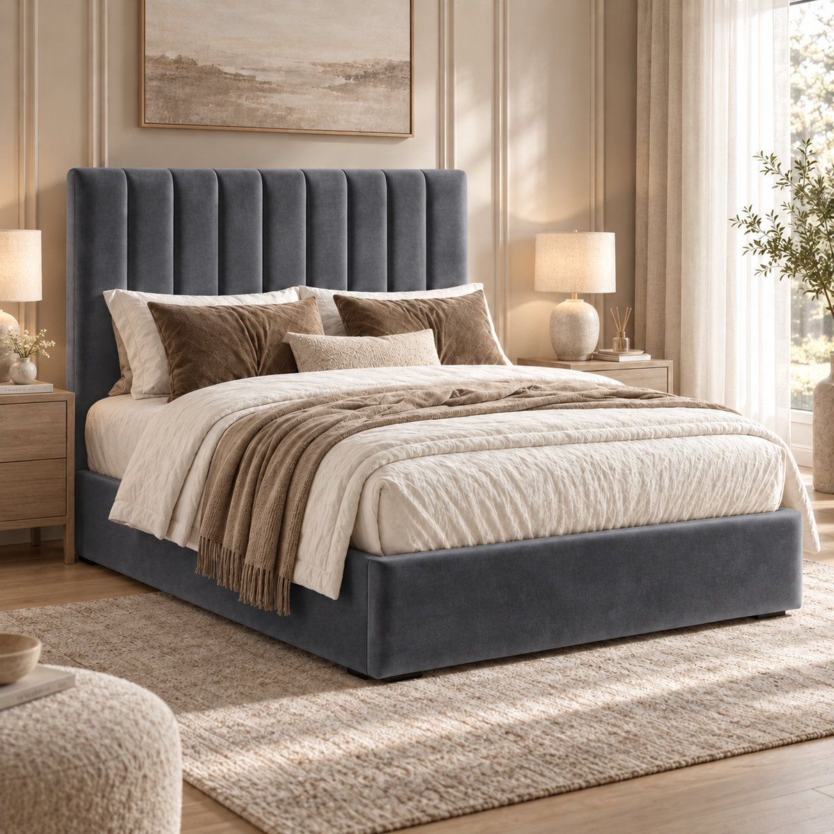 Marylebone plush velvet ottoman sleigh bed in grey