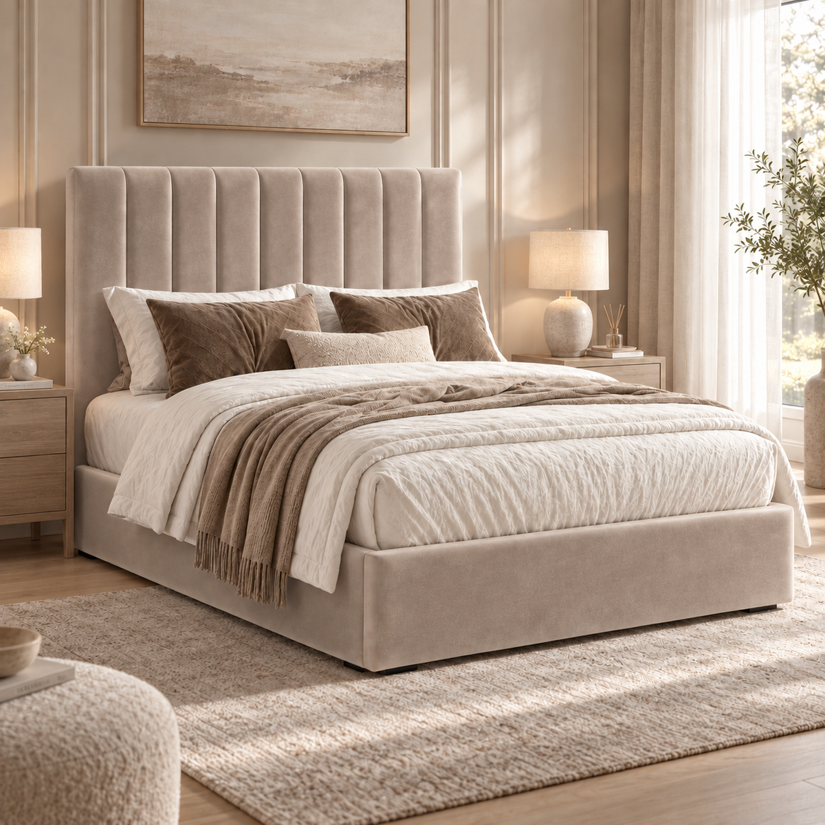 Marylebone plush velvet ottoman sleigh bed in mink