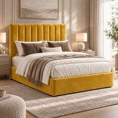 Marylebone plush velvet ottoman sleigh bed in mustard