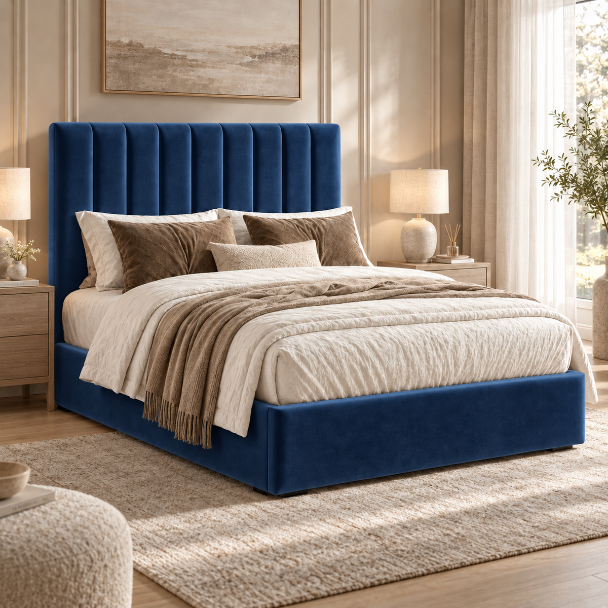 Marylebone plush velvet ottoman sleigh bed in navy
