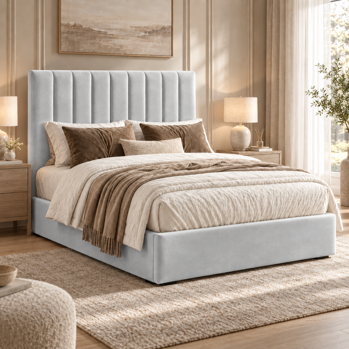 Marylebone plush velvet ottoman sleigh bed in silver