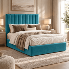 Marylebone plush velvet ottoman sleigh bed in turquoise
