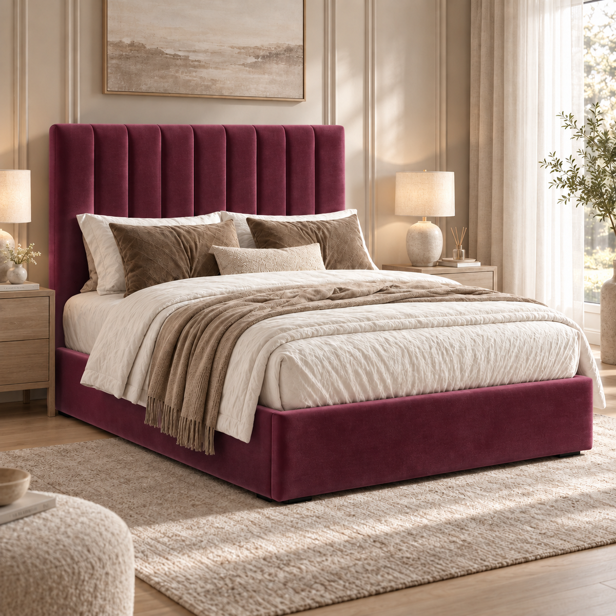 Marylebone plush velvet ottoman sleigh bed in wine