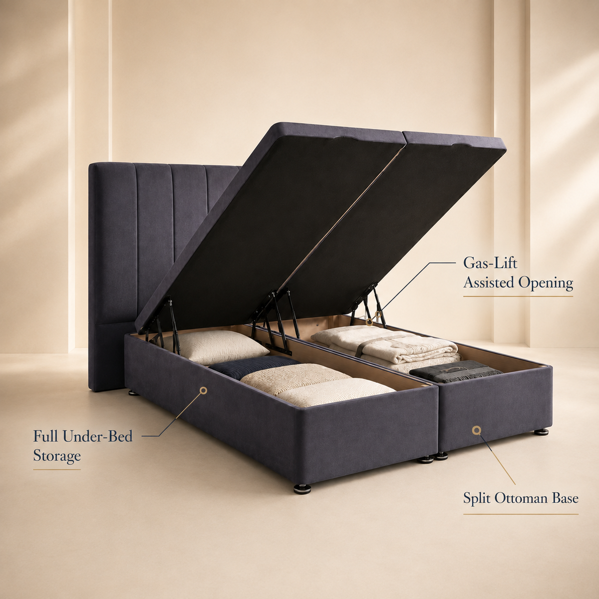 Chesterfield Winged Plush Velvet Ottoman Storage Bed
