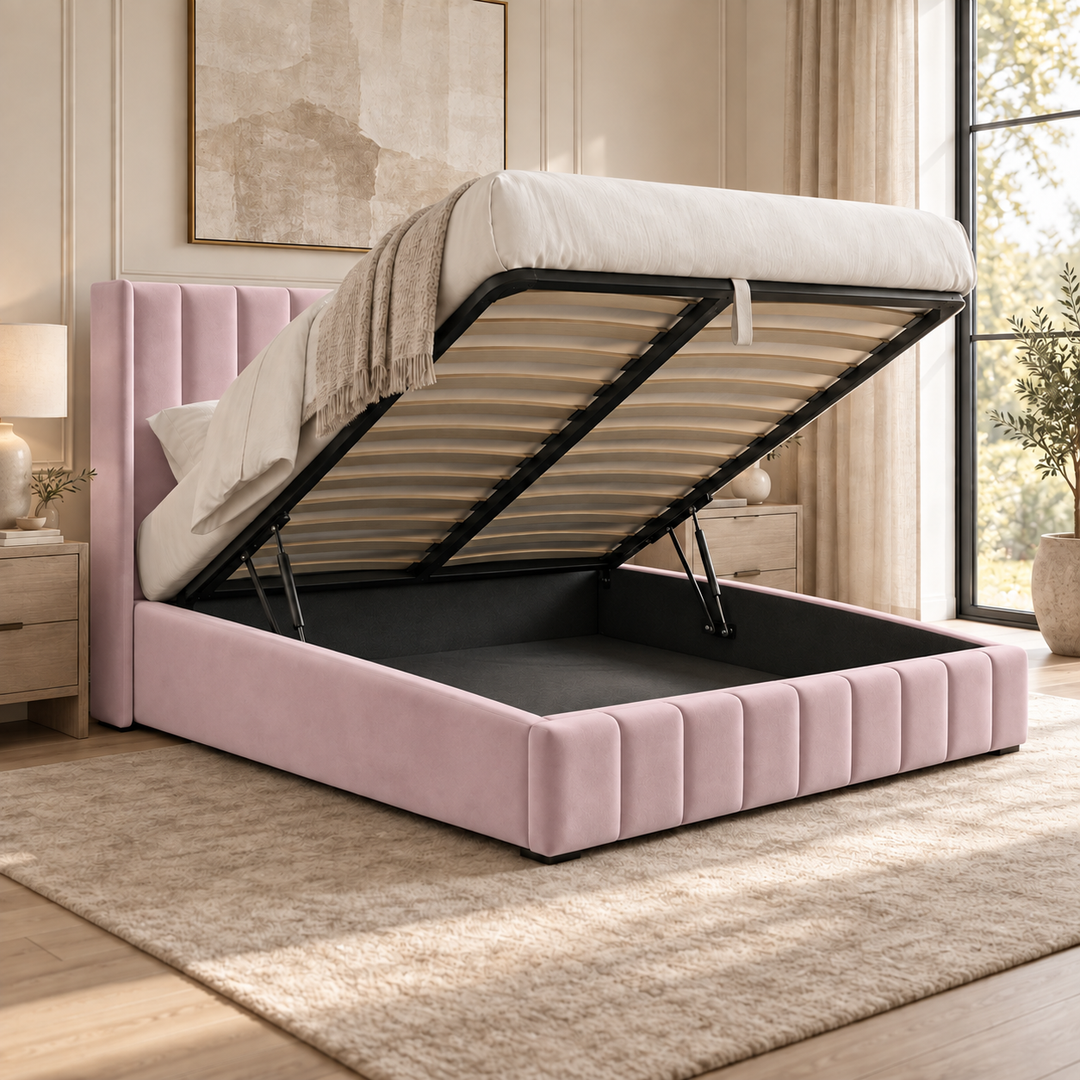Kensington plush velvet ottoman sleigh bed in blush pink - alternate view