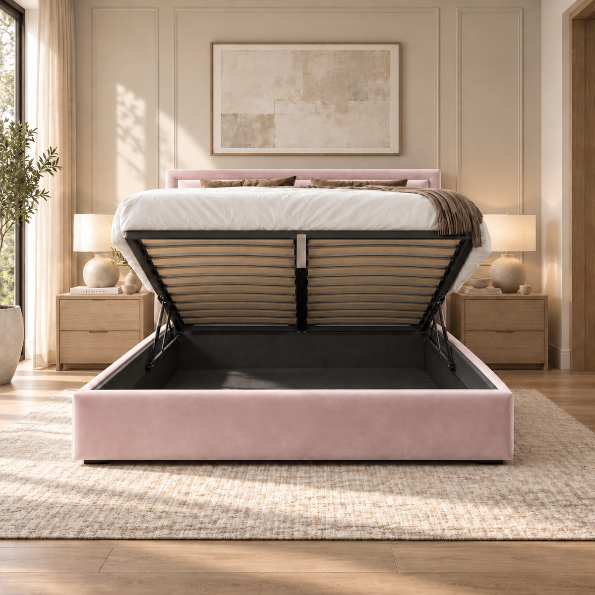 Marylebone plush velvet ottoman sleigh bed in blush pink - secondary view