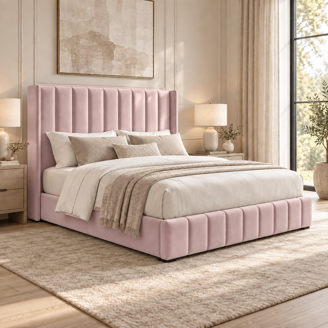 Kensington plush velvet ottoman sleigh bed in blush pink